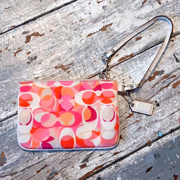 Coach Pink Orange White Logo Embossed Zip Wallet/Wristlet Vintage - Picture 1 of 11
